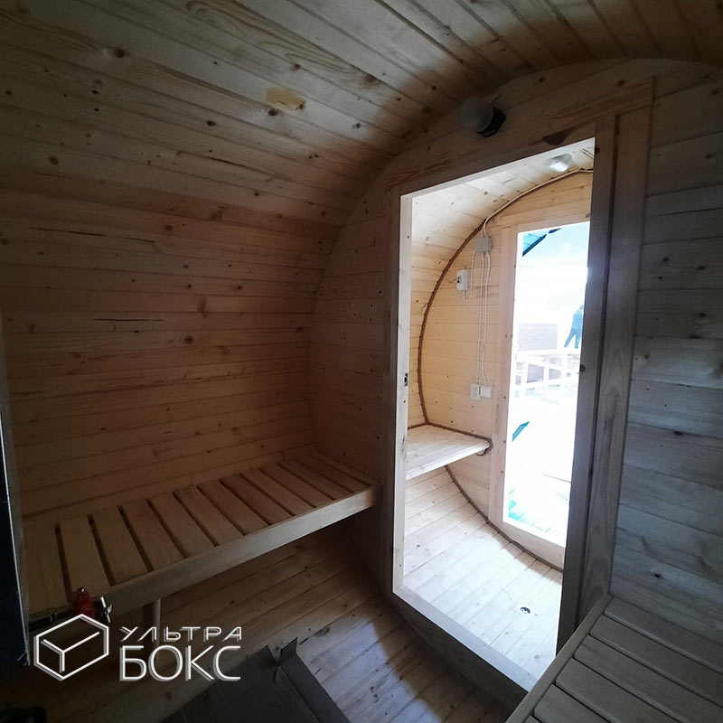 Баня-Бочка 4х2,2 м +ДОПЫ: веранда с двумя сидячими местами по торцевой стороне, печь на дровах «Рада-S» — изображение 12