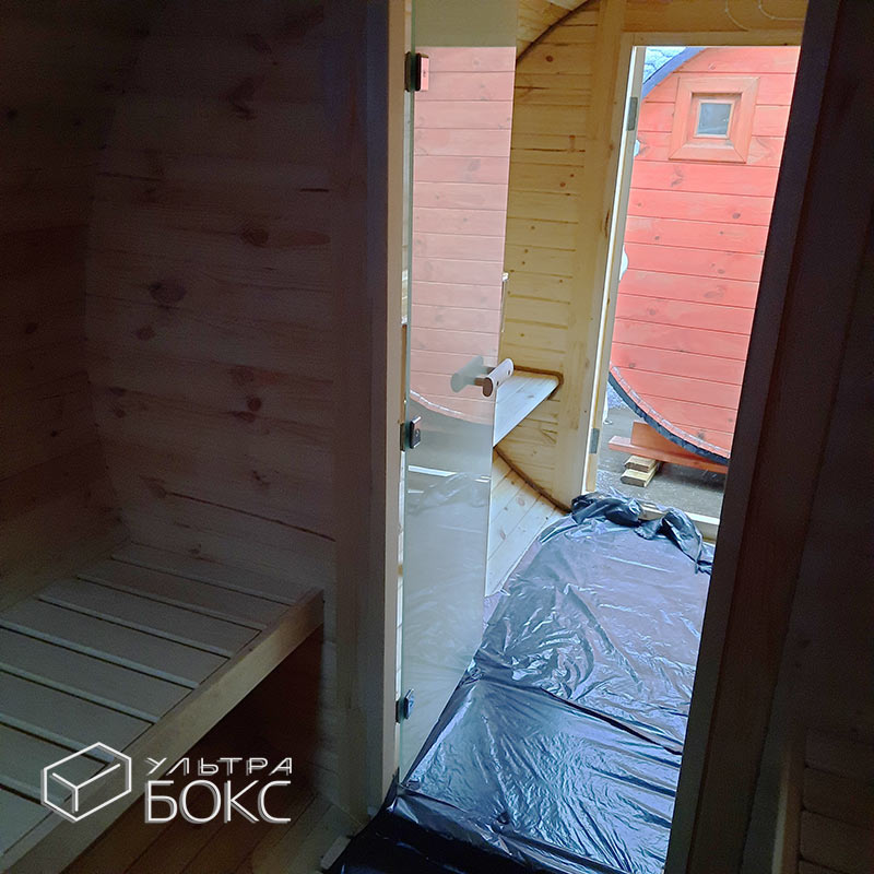 Баня-Бочка 4х2,2х2,2 м +ДОПЫ: дверь внутренняя стеклянная, ступени деревянные — изображение 19
