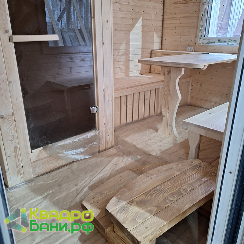 Баня-Парус Беленый Дуб 6 х 2,4 х 2,6 м +ДОПЫ: дверь ПВХ со стеклом в пол, окно ПВХ в комнате отдыха, душевой поддон в помывочном отделении, дополнительный полок в парной, печь «Малуша» — изображение 11