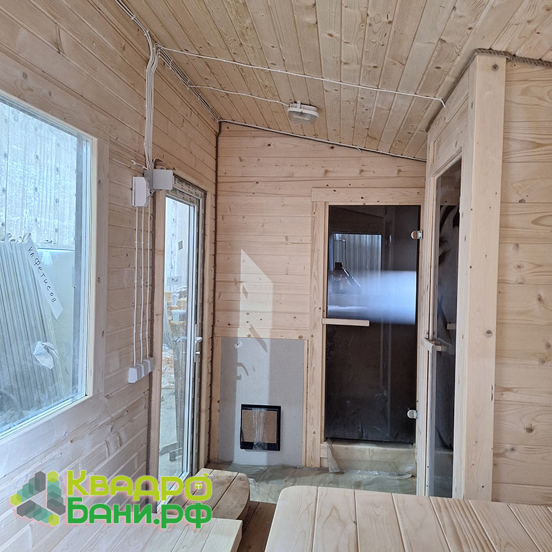 Баня-Парус Беленый Дуб 6 х 2,4 х 2,6 м +ДОПЫ: дверь ПВХ со стеклом в пол, окно ПВХ в комнате отдыха, душевой поддон в помывочном отделении, дополнительный полок в парной, печь «Малуша» — изображение 15
