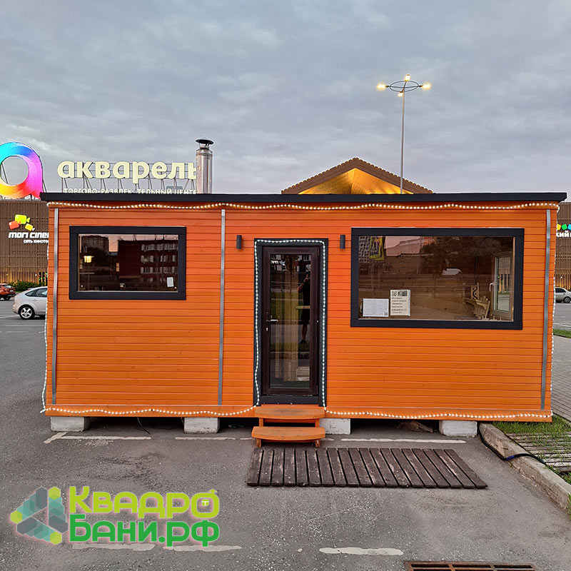 Баня-Парус 6 х 2,4 х 2,6 м +ДОПЫ: окно панорамное, окно-форточка в парной, столик откидной и лавочка с рундуком в комнате отдыха, полки для инвентаря, печь «Рада-S»