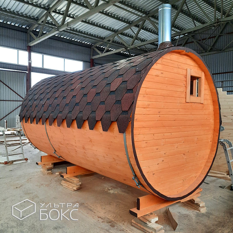 Баня-бочка 400 х 220 см, топка в парной печь стандарт "Емеля" +ДОП: ступени деревянные, Ель / Кедр — изображение 6