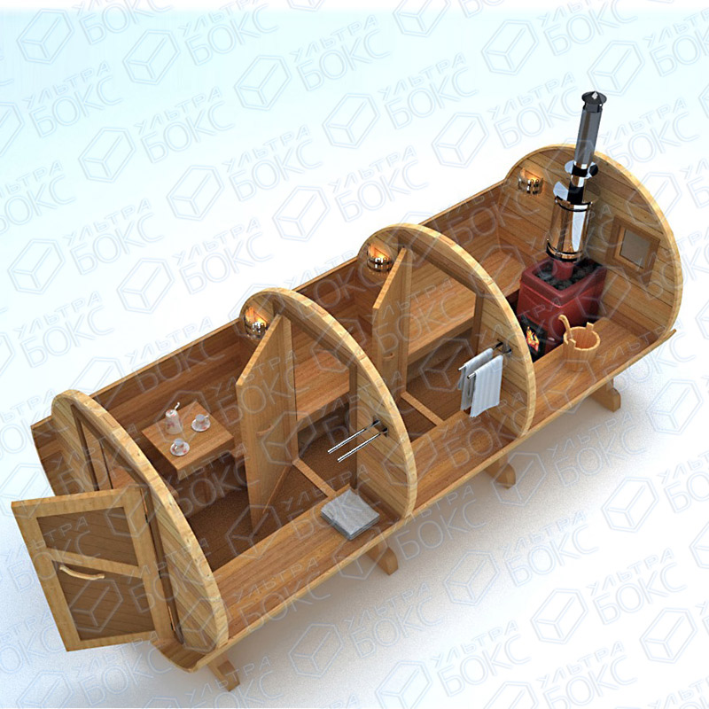 Баня-Бочка 4,9 х 2,1 х 2,1 м 3 отделения СТАНДАРТ топка в парной печь "Емеля" / "Рада 4_14 S", электрика, стол, лавочки, форточка деревянная, полоки 2 шт, Ель / Кедр