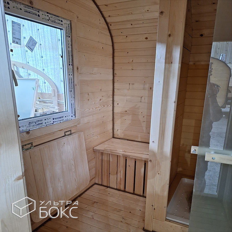 Квадро-Баня 6х2,2х2,2 м +ДОПЫ: деревянный козырёк с мягкой кровлей, окно ПВХ откидно, помывочное отделение душевой поддон белого, установка душевой лейки — изображение 13