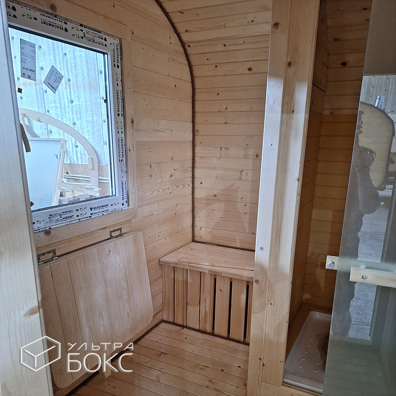 Квадро-Баня 6х2,2х2,2 м +ДОПЫ: деревянный козырёк с мягкой кровлей, дверь входная ПВХ, дверь внутренняя стеклянная, окно ПВХ откидное, установка душевой лейки, печь на дровах «Везувий Лава» — изображение 10