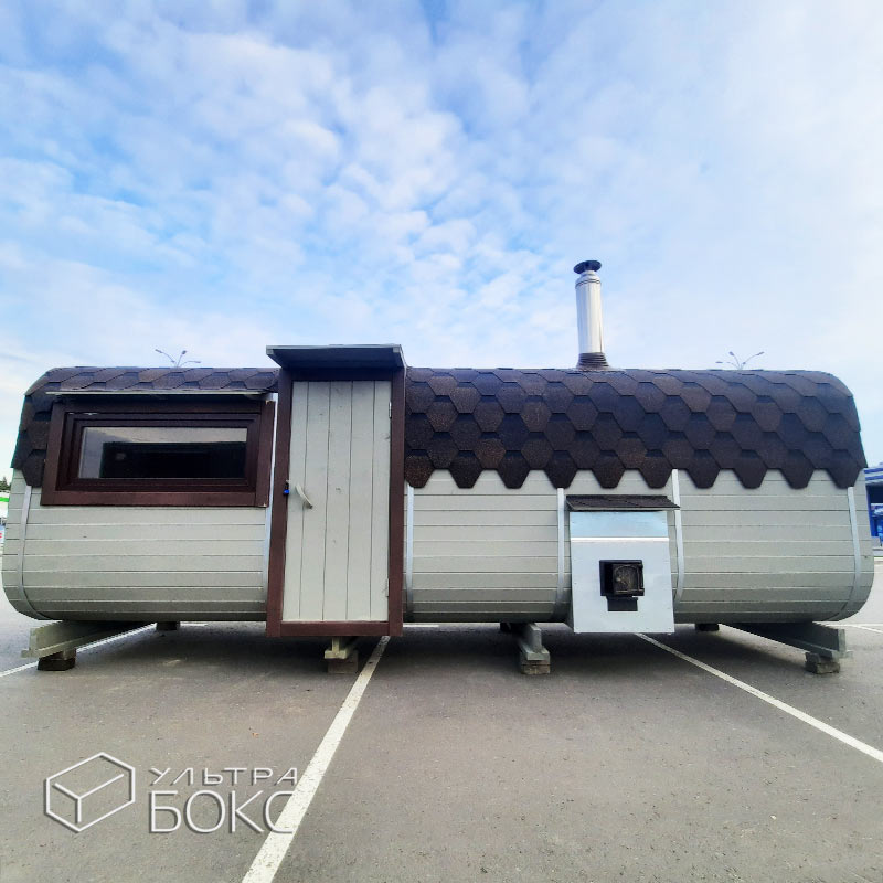 Квадро-Баня топка с улицы 600 х 220 см +ДОПЫ: козырёк над входом, двери внутри стеклянные, окно ПВХ бронза, топка с улицы печь "Везувий-Лава", Ель / Кедр — изображение 2