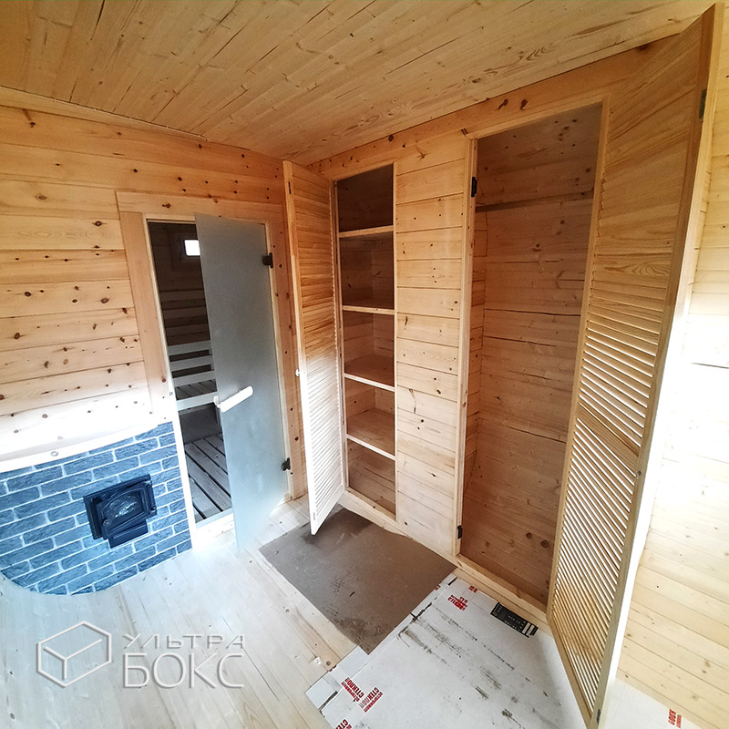 Квадро-Баня Парус 5,9 x 2,4 х 2,5 м из деревянного бруса хвойных пород, электрика, стол, парная с окном-форточкой и сливом под воду, Ель / Кедр — изображение 33