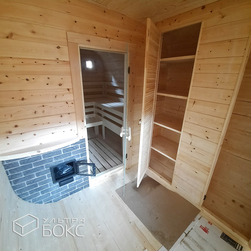 Квадро-Баня Парус 5,9 x 2,4 х 2,5 м из деревянного бруса хвойных пород, электрика, стол, парная с окном-форточкой и сливом под воду, Ель / Кедр — изображение 32