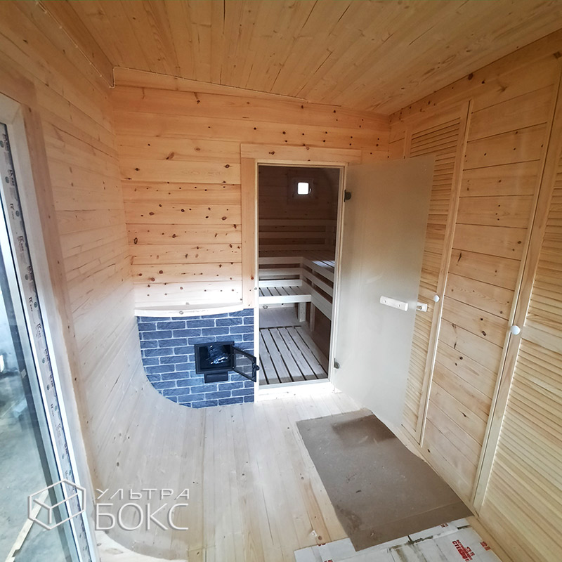 Квадро-Баня Парус 5,9 x 2,4 х 2,5 м из деревянного бруса хвойных пород, электрика, стол, парная с окном-форточкой и сливом под воду, Ель / Кедр — изображение 29