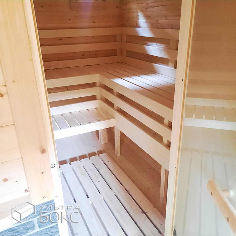 Квадро-Баня Парус 5,9 x 2,4 х 2,5 м из деревянного бруса хвойных пород, электрика, стол, парная с окном-форточкой и сливом под воду, Ель / Кедр — изображение 25