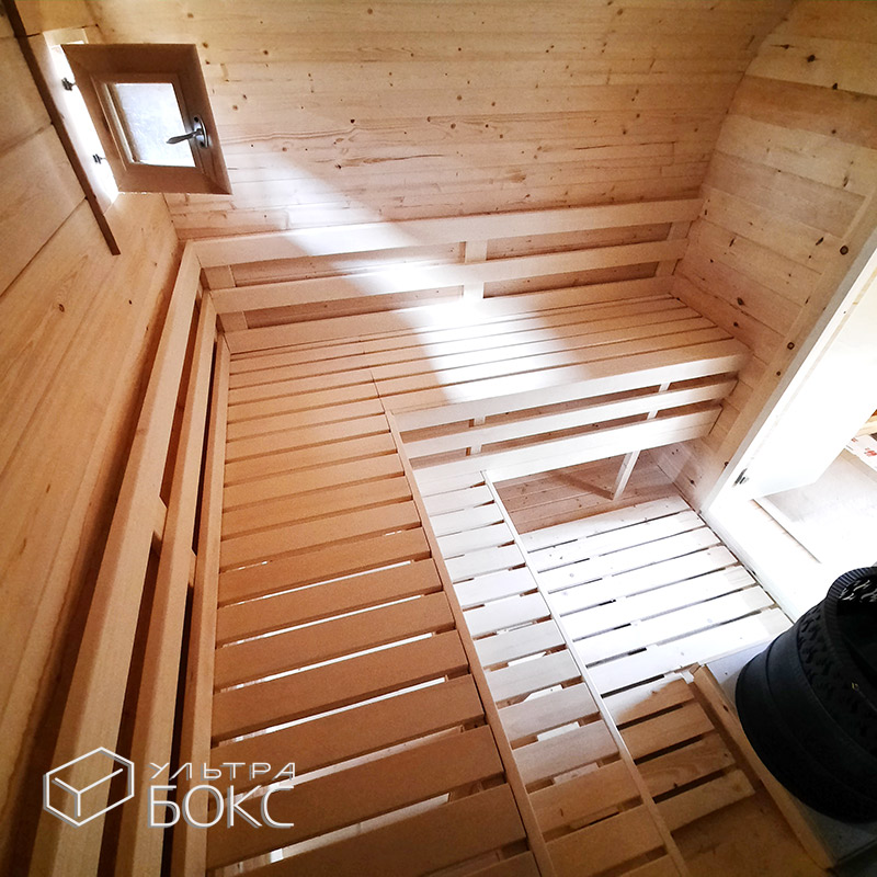 Квадро-Баня Парус 5,9 x 2,4 х 2,5 м из деревянного бруса хвойных пород, электрика, стол, парная с окном-форточкой и сливом под воду, Ель / Кедр — изображение 20