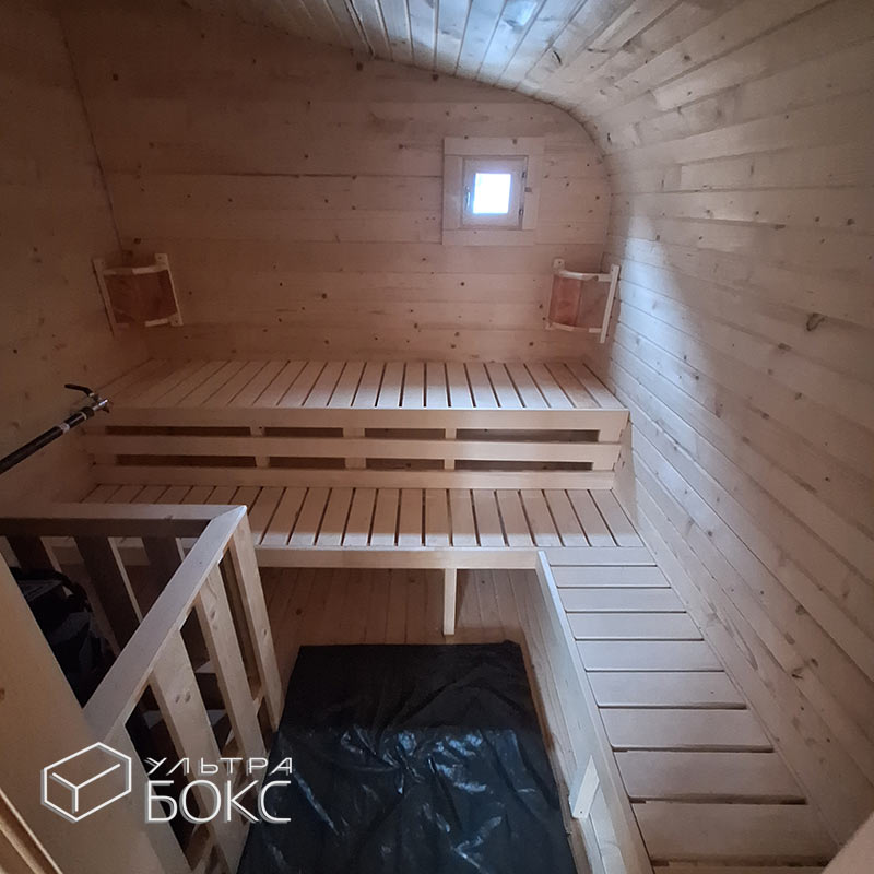 Квадро-Баня Парус 6х2,4х2,6 м +ДОПЫ: раскладное спальное место, печь «Везувий», светильники, ступени деревянные перед входом — изображение 20