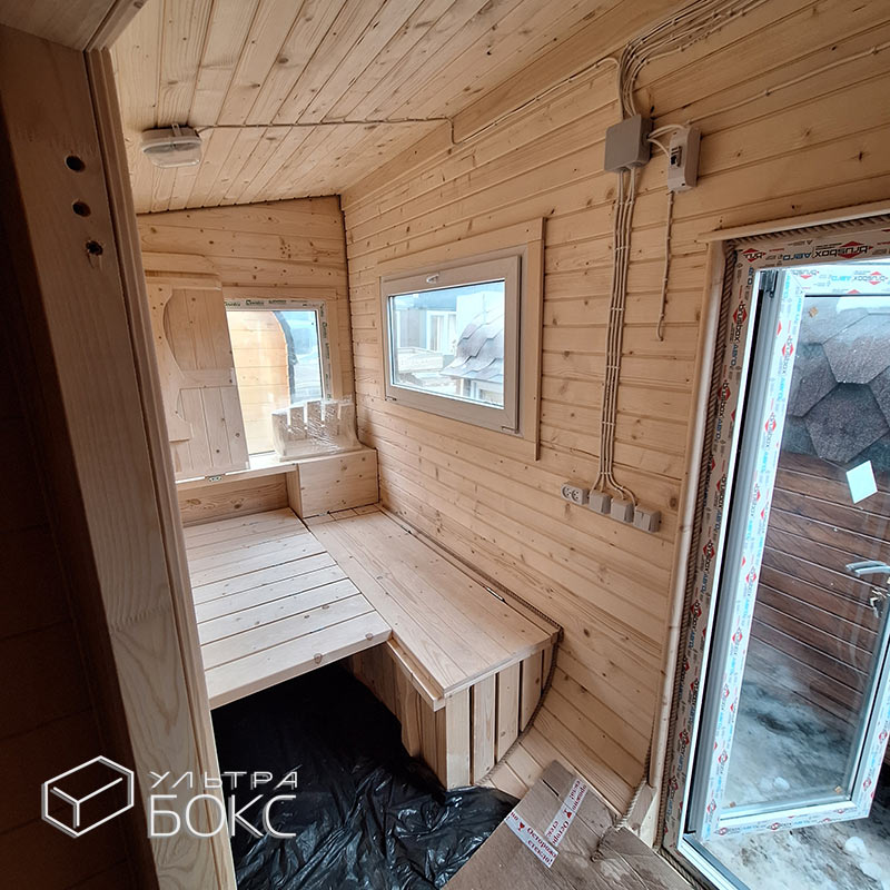 Квадро-Баня Парус 6х2,4х2,6 м +ДОПЫ: раскладное спальное место, печь «Везувий», светильники, ступени деревянные перед входом — изображение 16