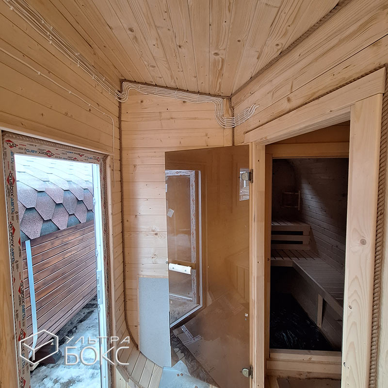 Квадро-Баня Парус 6х2,4х2,6 м +ДОПЫ: раскладное спальное место, печь «Везувий», светильники, ступени деревянные перед входом — изображение 13